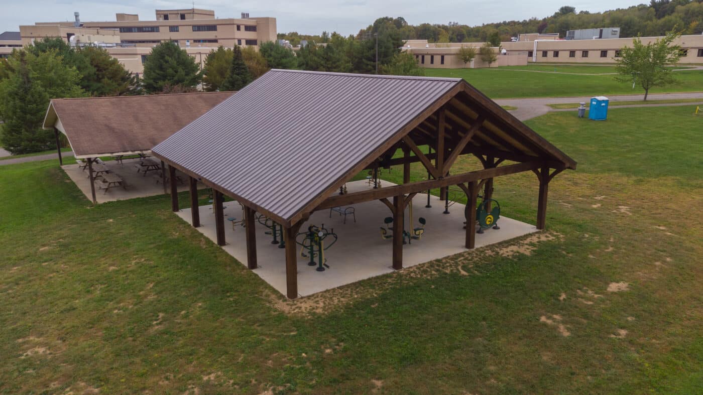 40x40 a frame pavilion with gym equipment