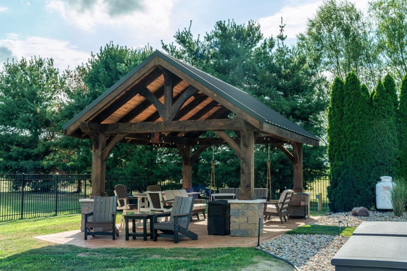 Timber Frame Pavilions in Elyria Ohio with seating underneath