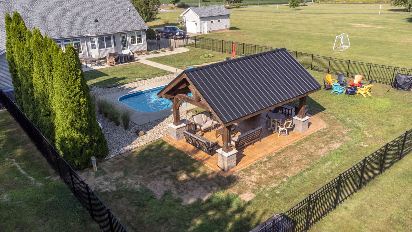 a frame pavilion with metal roofing