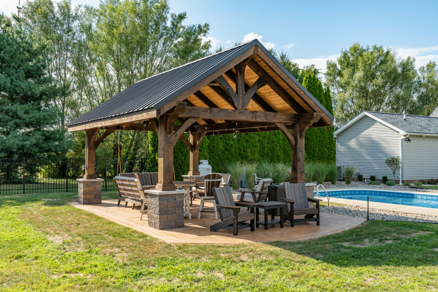 Backyard pavilion kit near pool