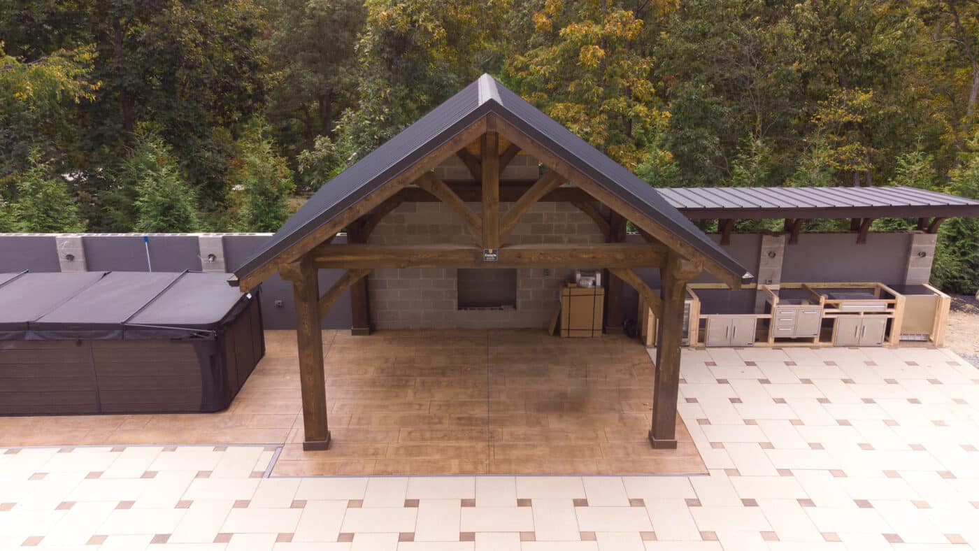 front of a 14x18 a frame pavilion made of timber frame