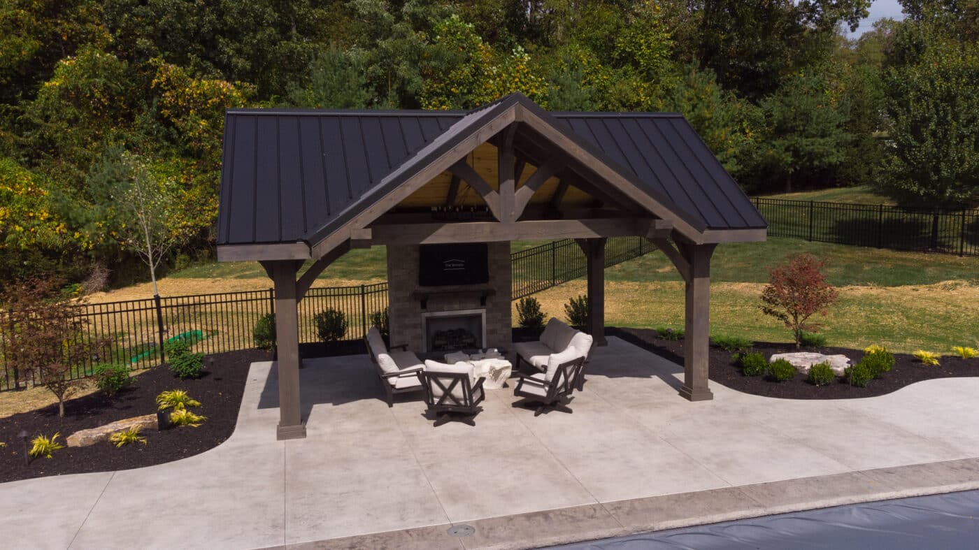 front of deluxe pavilion with metal roof