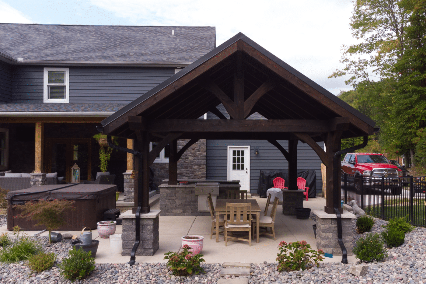 Hot tub pavilion with kitchen area