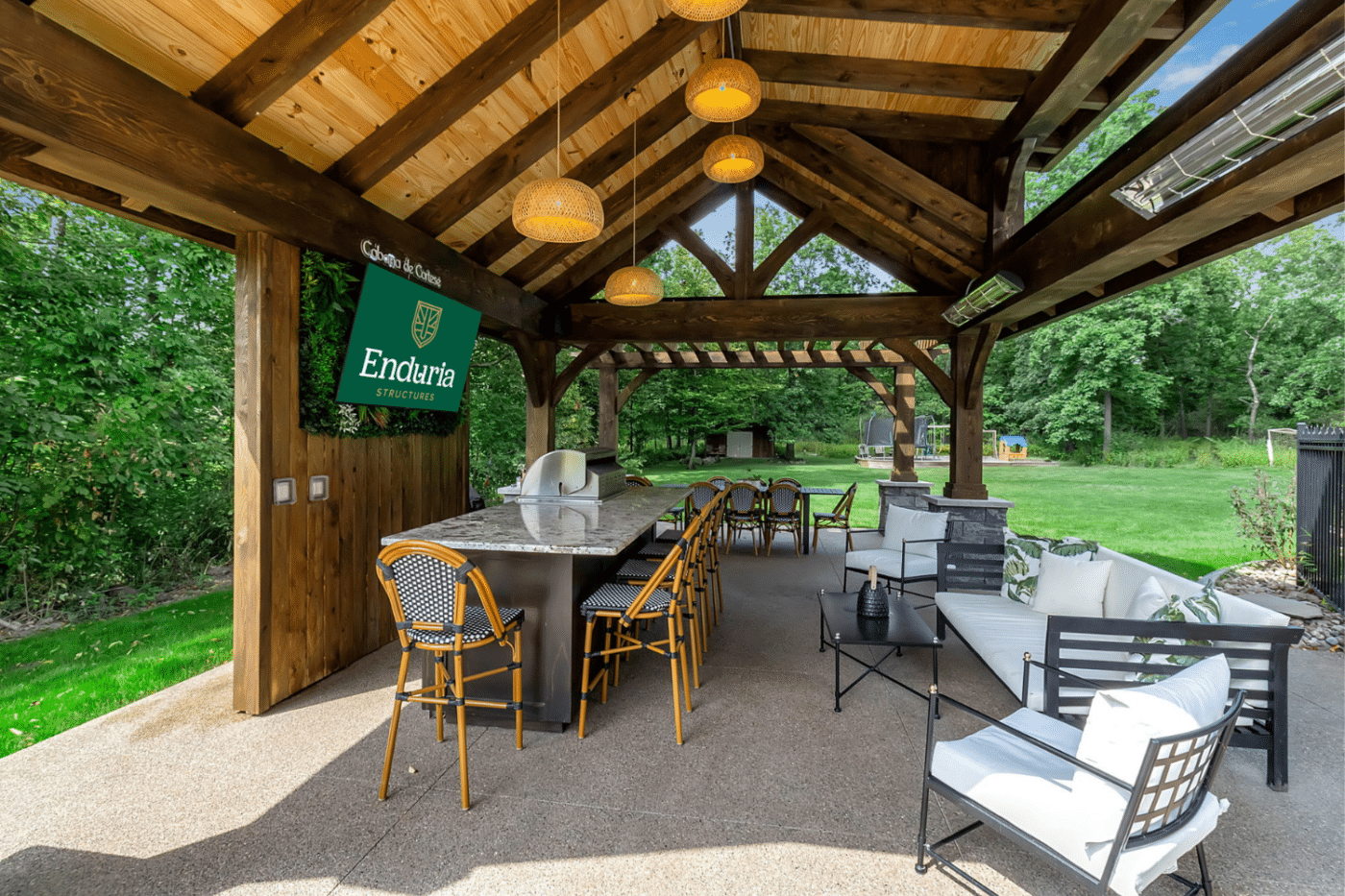 Interior of outdoor kitchen pavilion and tables