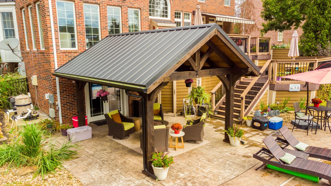 timber frame pavilions in reedsville oh, by the pool with seats