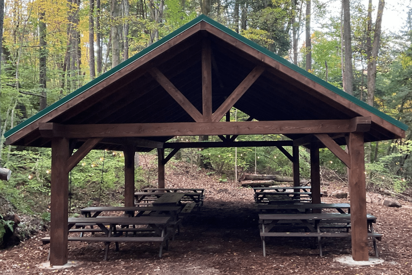 Park pavilion with picnic tables underneath