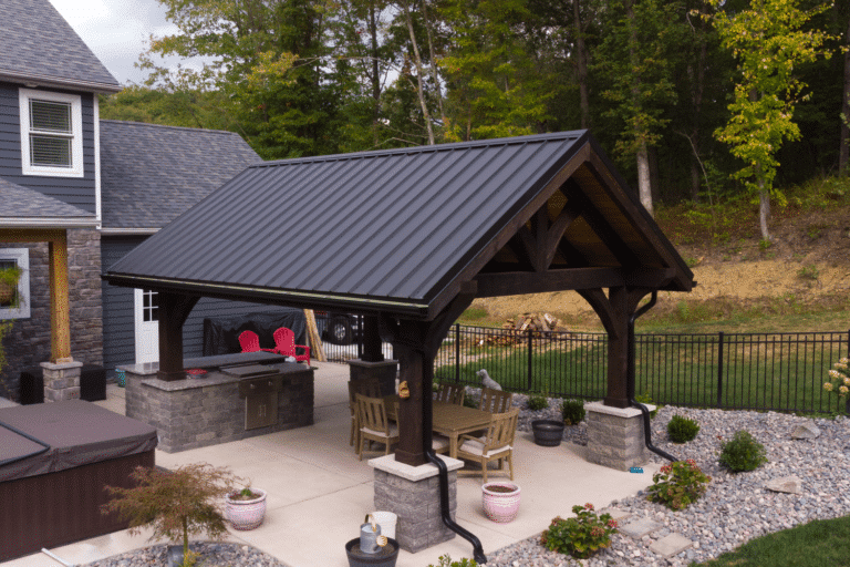 Pavilion with kitchen area and tables