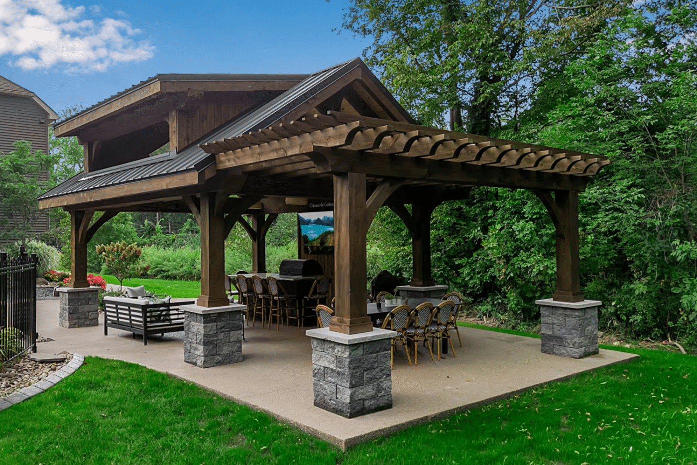 Pavilion with pergola attached and grill