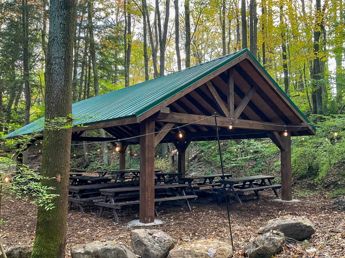 Pavilion with picnic tables and lights decorating