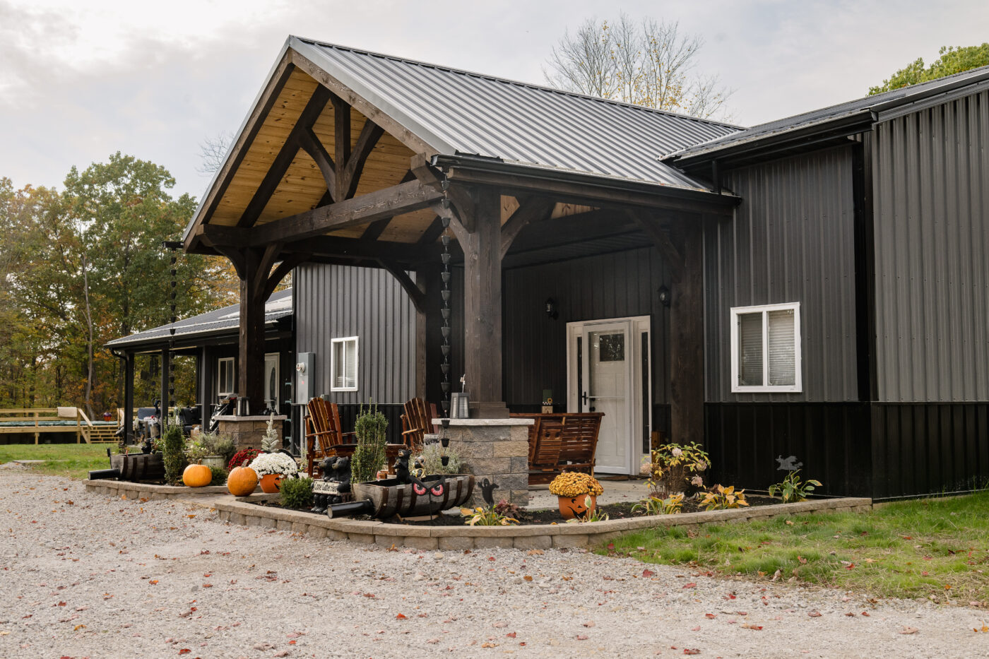 side view of timber frame porch with furniture in reedsville ohio