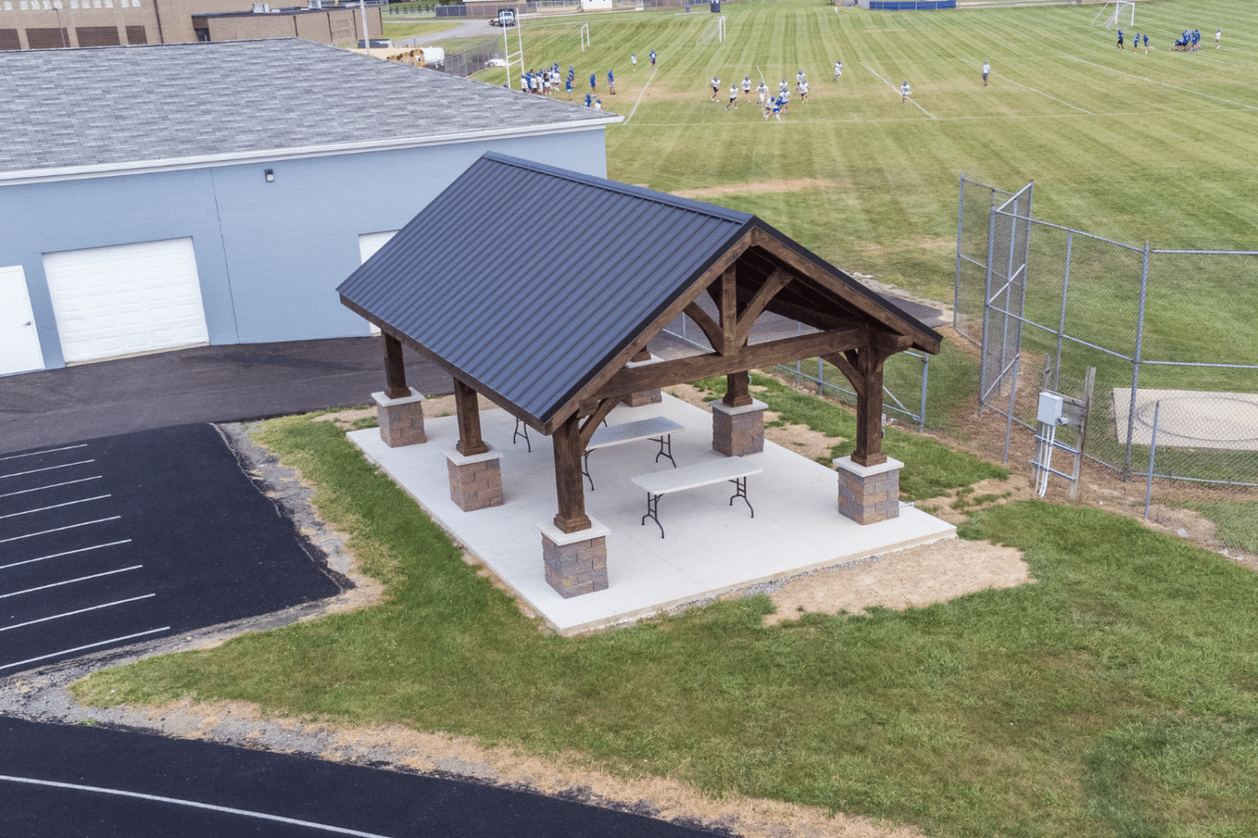 Sports pavilion near sports field and track