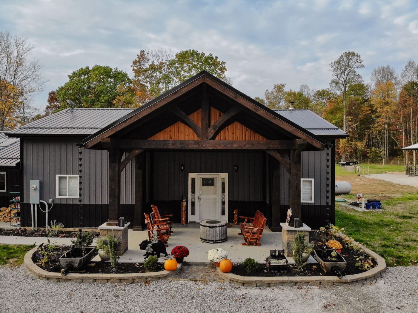 timber frame porch with furniture underneath in reedsville oh