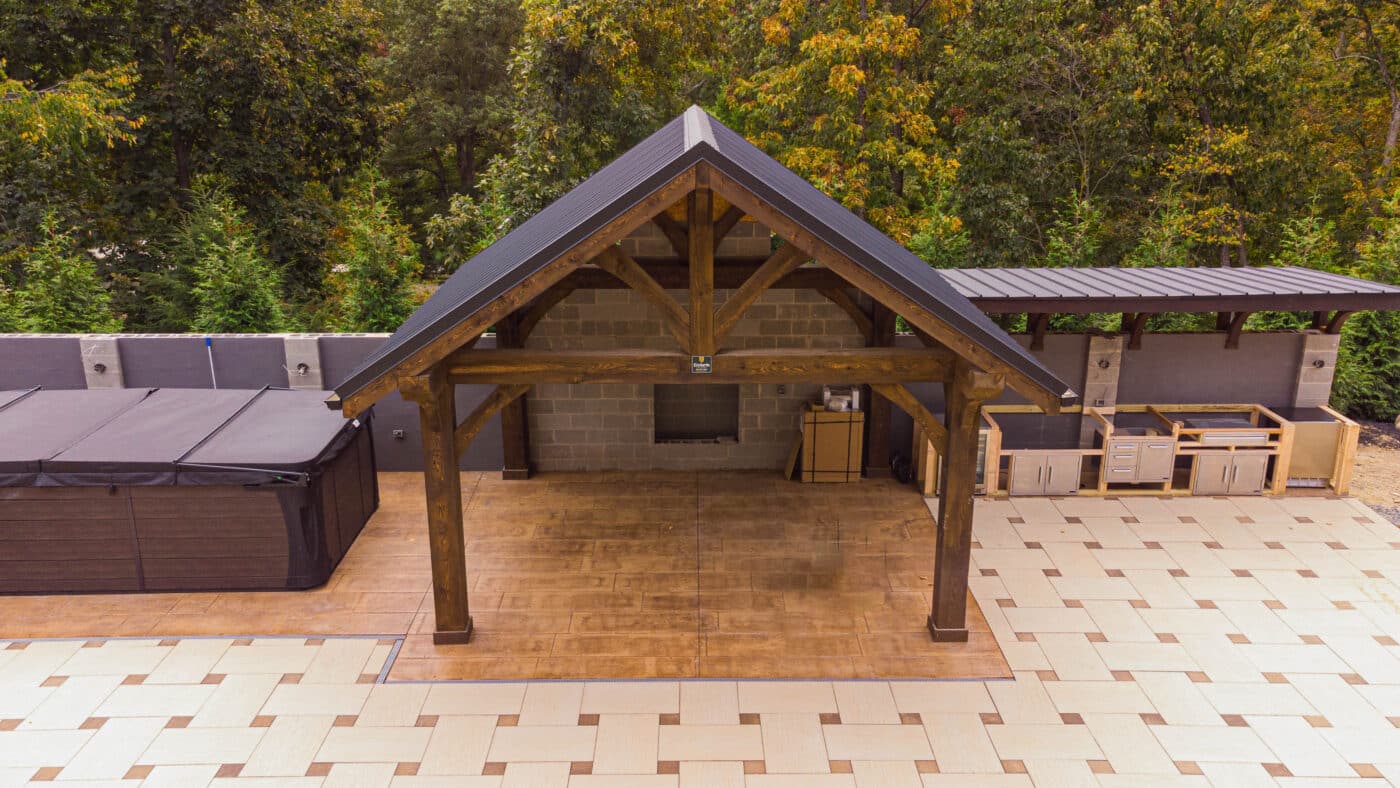 The Vista A-Frame Pavilion structure over a wooden base