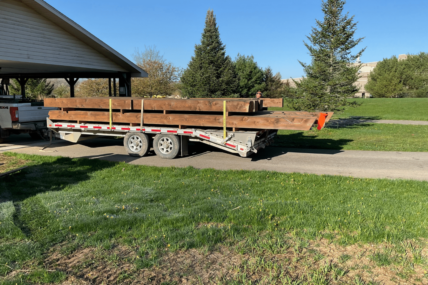 Wedding pavilion kit being transported on a trailer